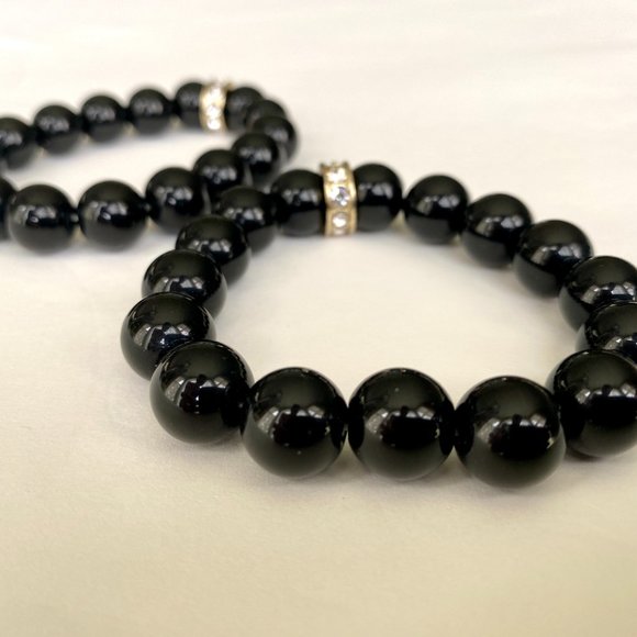 Black Beaded Stretch Bracelet Set of 2 with Gold and Rhinestone Detail - Picture 4 of 7